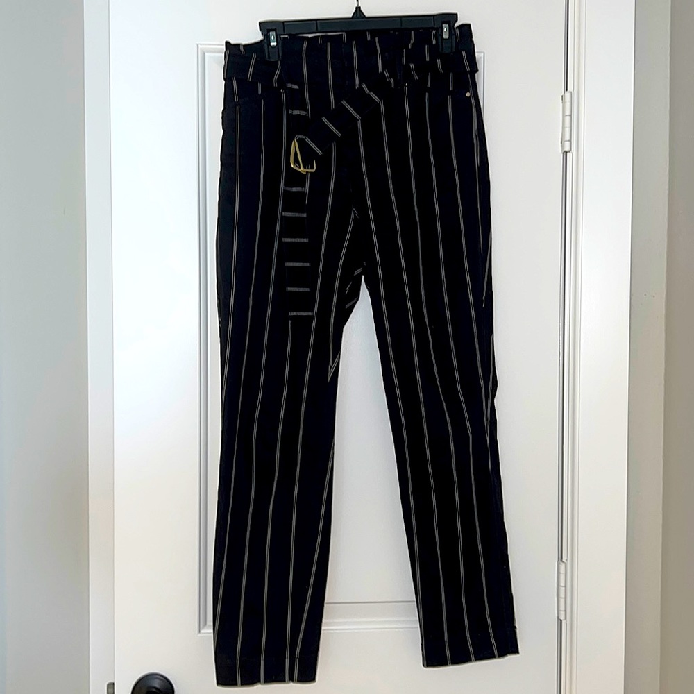White House Black Market Pin Stripe Pants with Gold Rectangle Belt